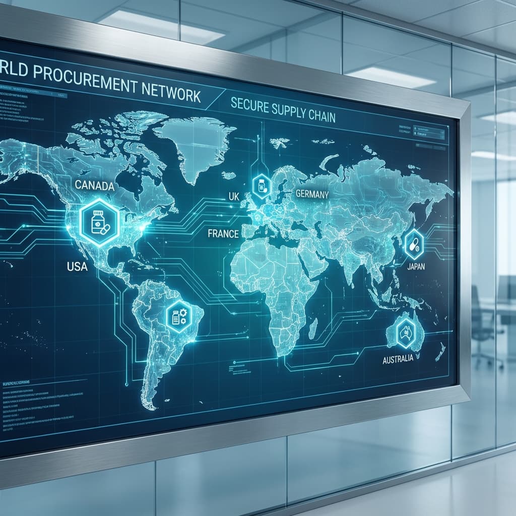 Secure Global Pharmaceutical Procurement Network - USA, Germany, UK, France, Japan, Canada, and Australia Hubs