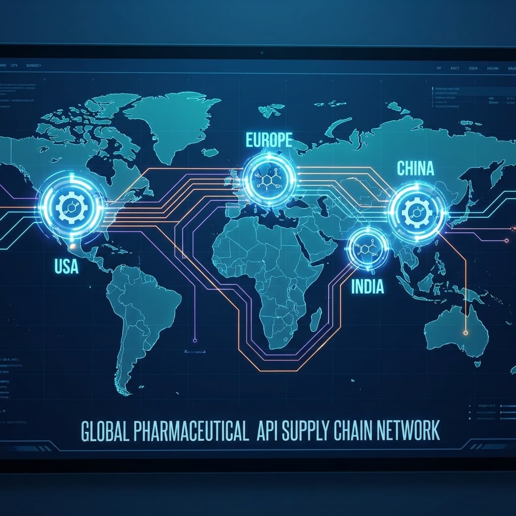 Global API Supply Chain Network - India, China, Europe, and USA Hubs